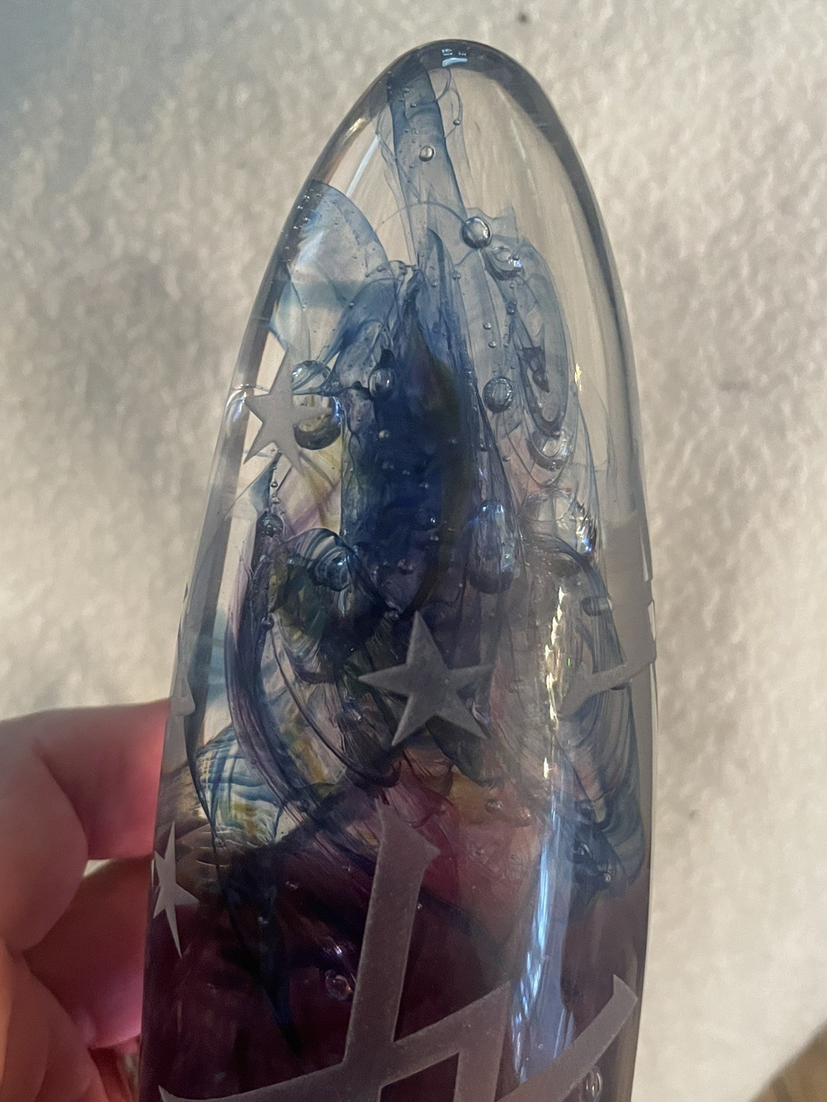 Lg Unusual Rare Duncan McClellan Art Glass Paperweight Etched Man Stars Symbols