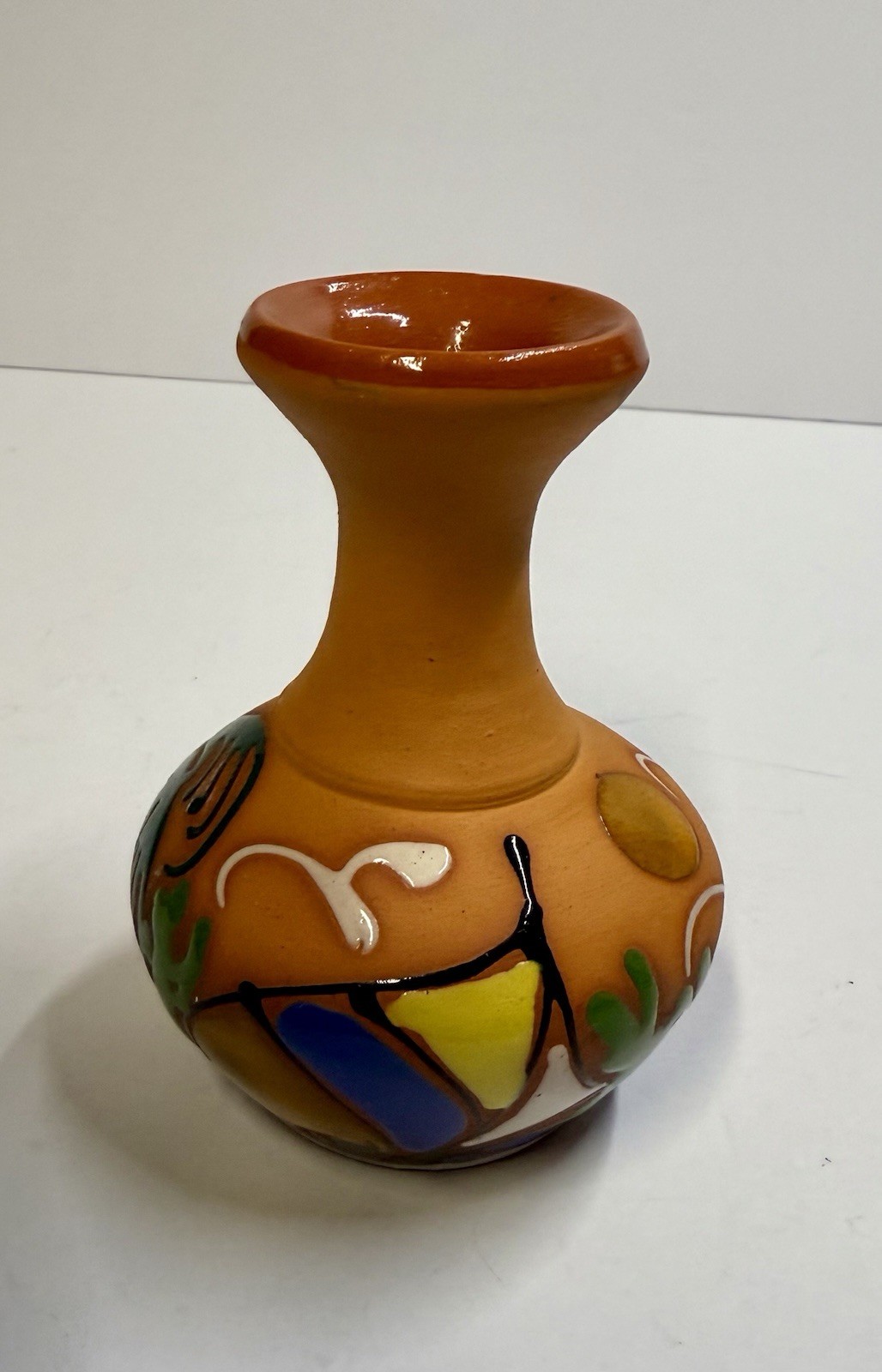 Vtg Hand painted Enameled Red Clay Pottery 4.0” Vessel Vase Sun, Birds & Boat