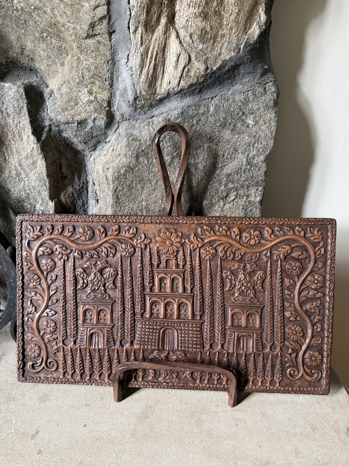 Vintage Rustic European Folk Art Terracotta Clay Pottery Relief Wall Plaque Tile