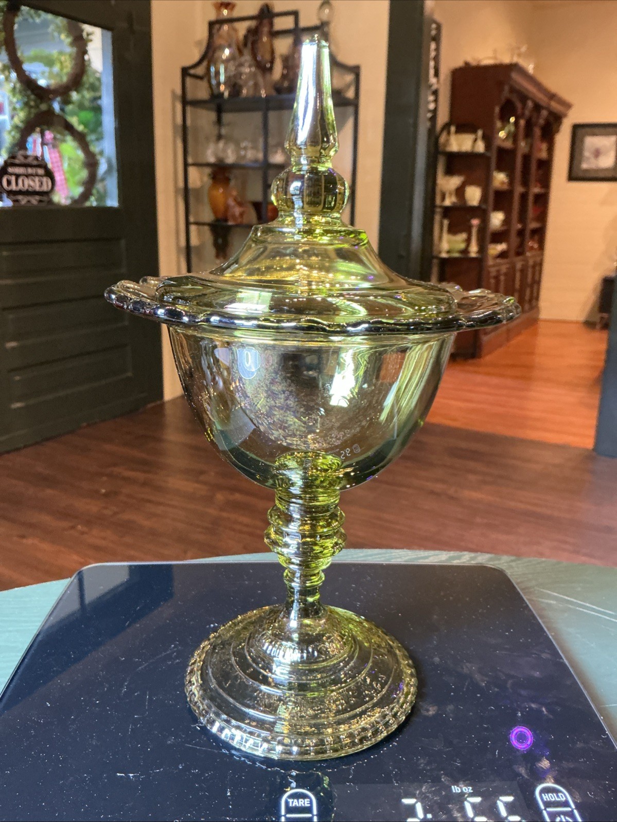 Vintage MCM 11.75” Olive Green Glass Lidded Compote (Empoli?)