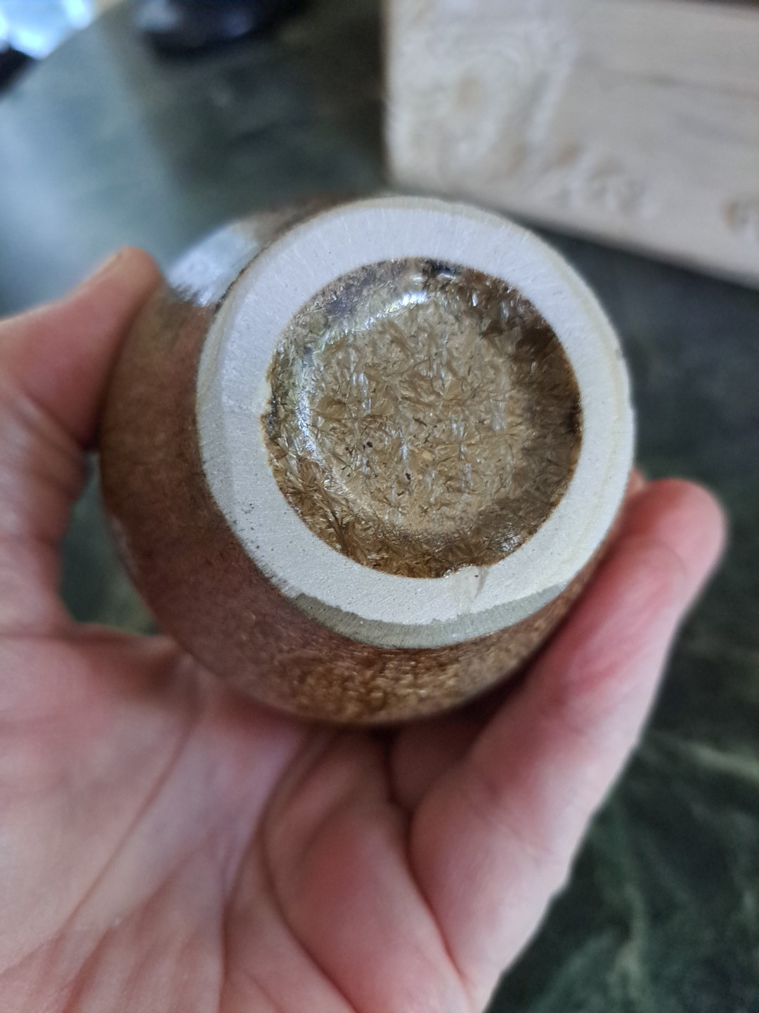 Handmade Art Pottery Small Bud Vase- Aqua Beige Brown 4.5” T x 3″W *New
