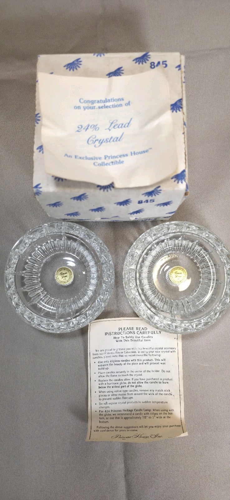 Princess House Highlights #845 24% Lead Crystal 3-Way Candleholders Pair 1988