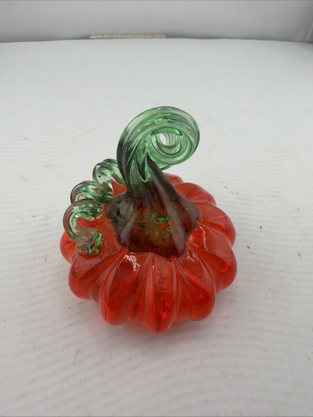 Art Glass Orange Pumpkin With Green Stem.2 3/4 Wide. Approximately 3 Inches Tall