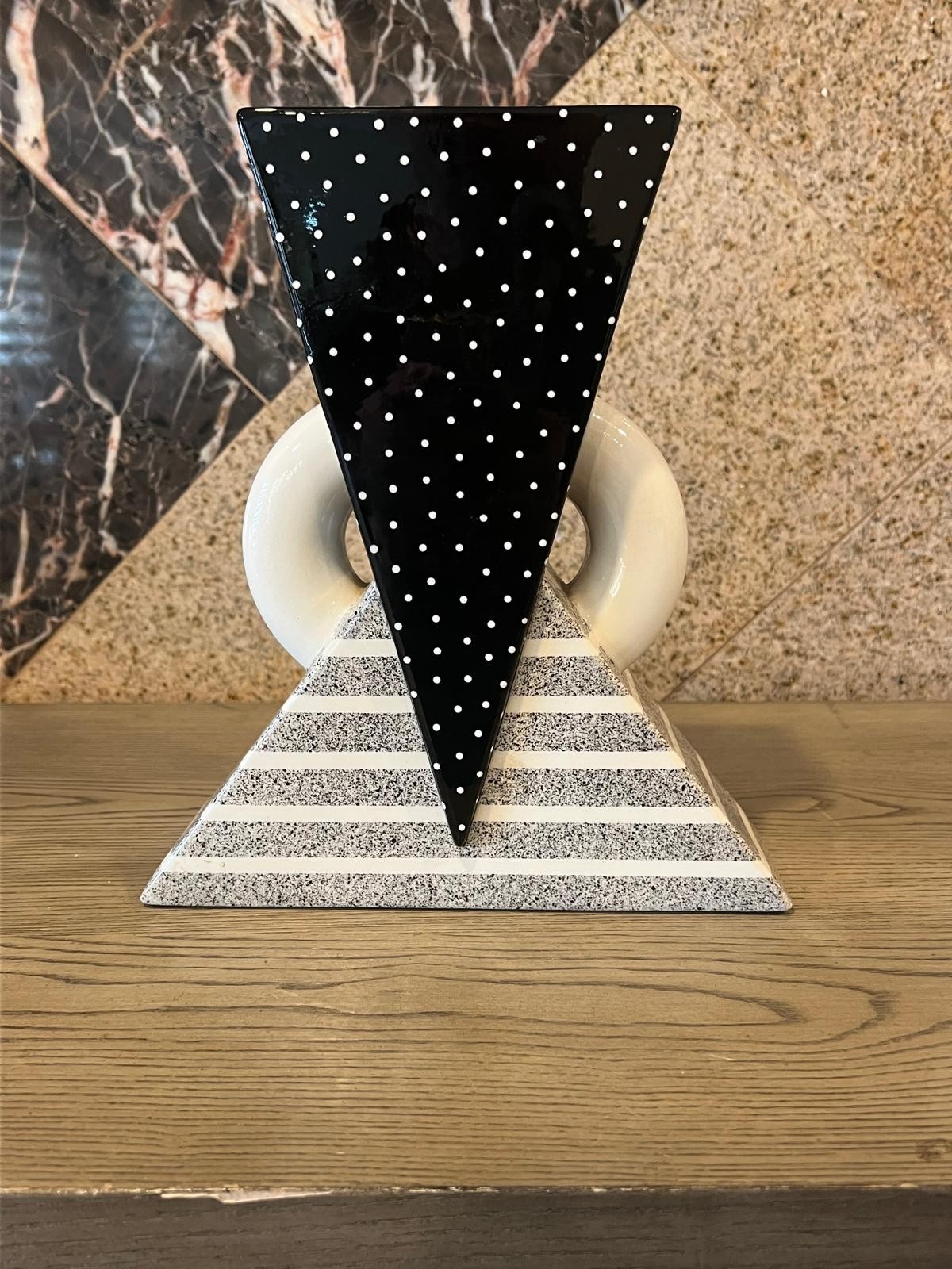 Vintage 1980s Postmodern Memphis Black & White Polka Dot Ceramic Vase Signed 11″