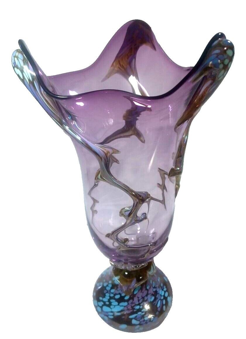 STUNNER 13″ Purple Copper Infused Art Deco Murano Vine Confetti Centerpiece Vase