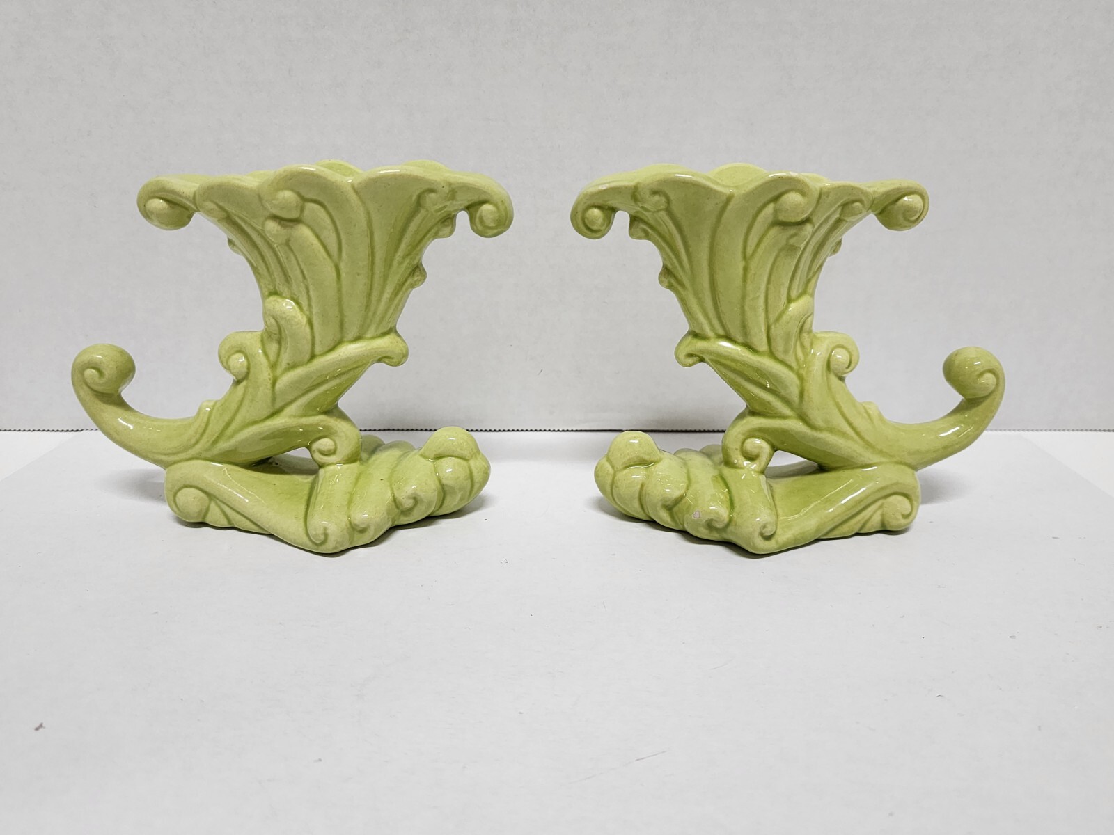 Royal Haeger Cornucopia Light Green Tapered Candle Holder Lot OF 2 Vintage 5″