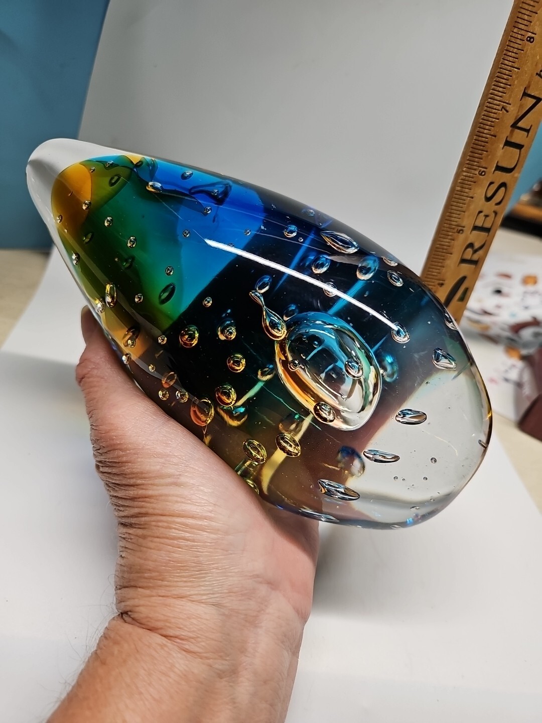 Murano Inspired ART GLASS Sculpture PAPERWEIGHT Multi Colored 8″ x 4″ 5 Lb (OK)