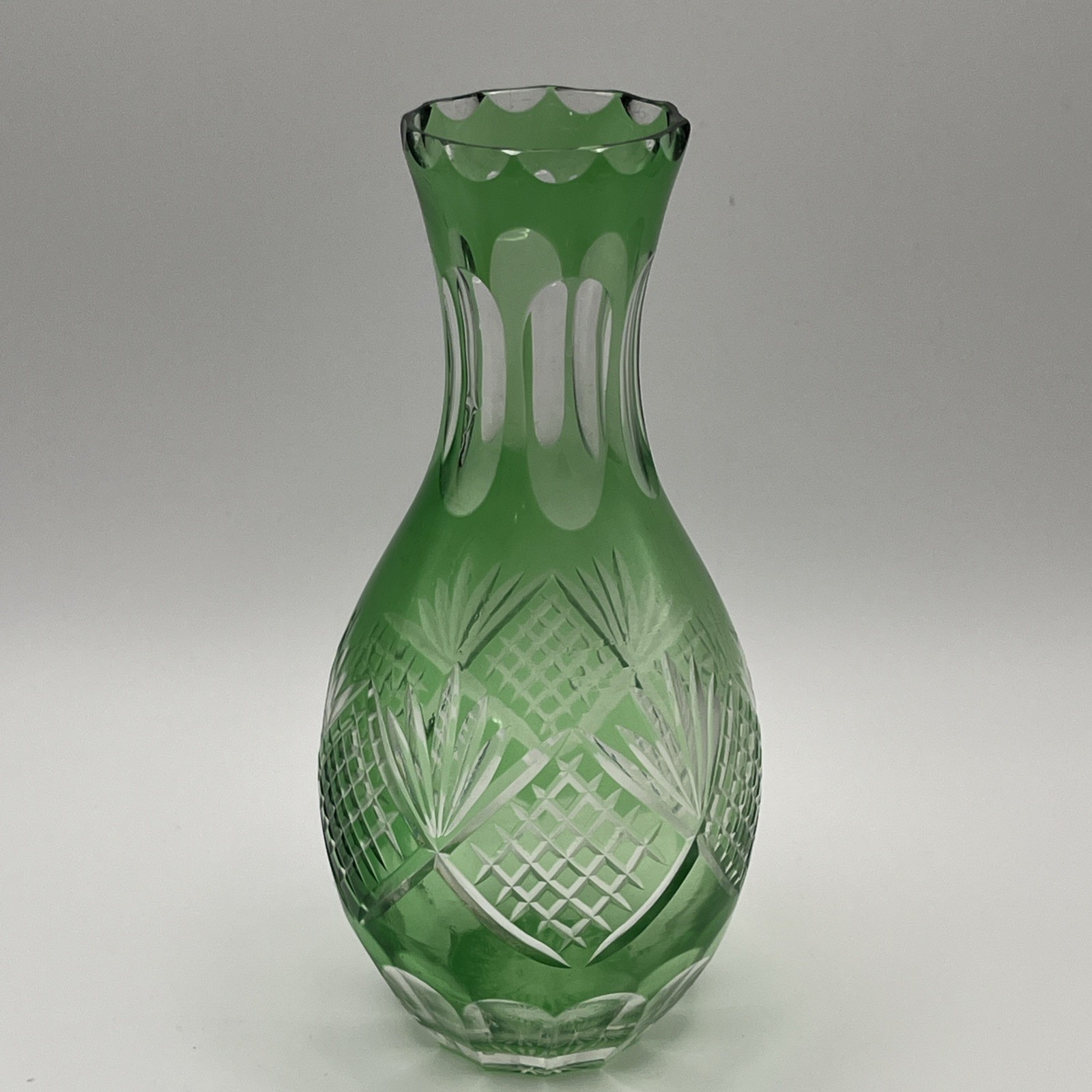 Vintage Light Green Cut to Clear Crystal Vase 6” Bohemian Chartreuse Lime