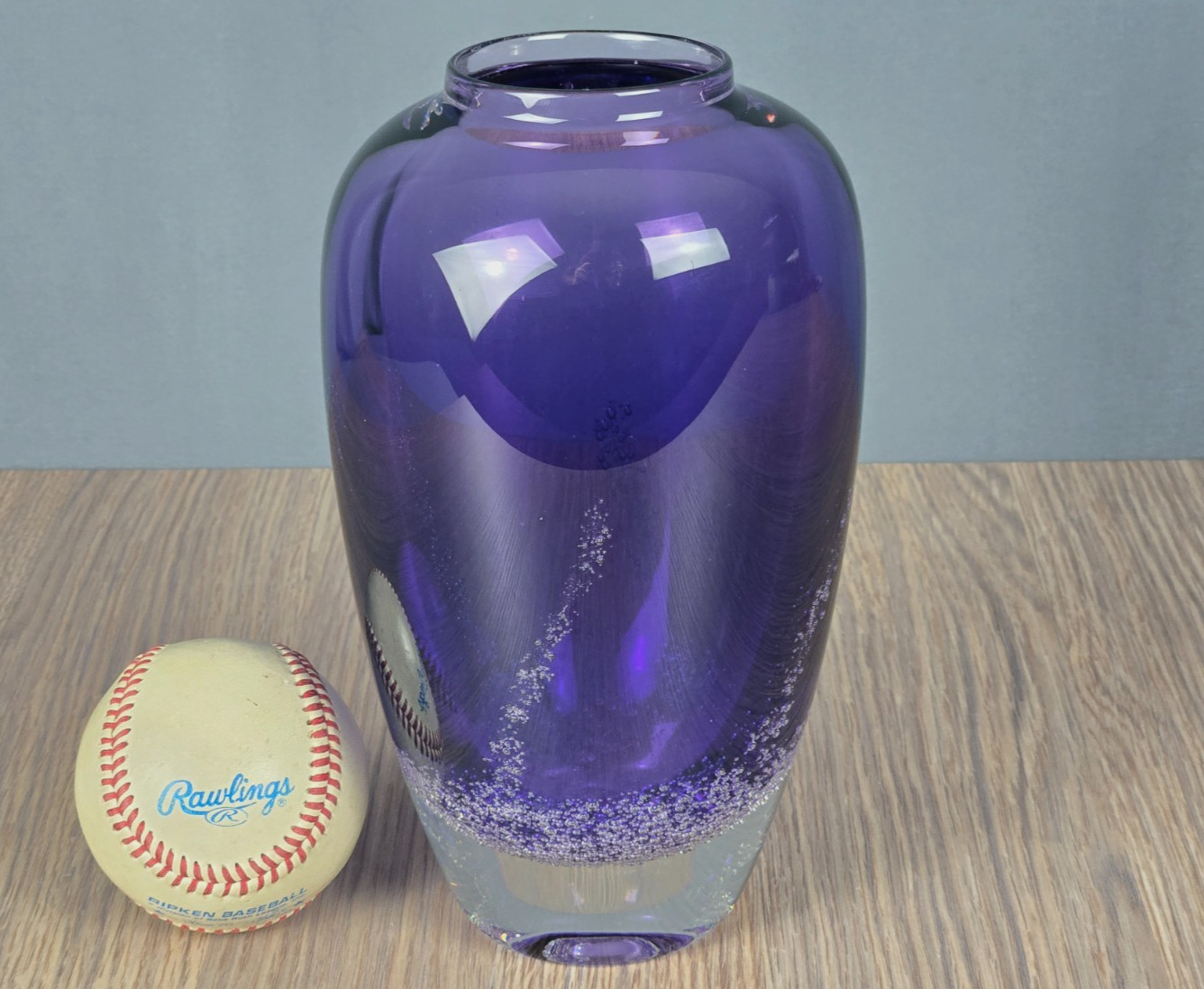 Buzz Blodgett Amethyst Purple clear bubble art glass vase, 8.5″, signed 1993