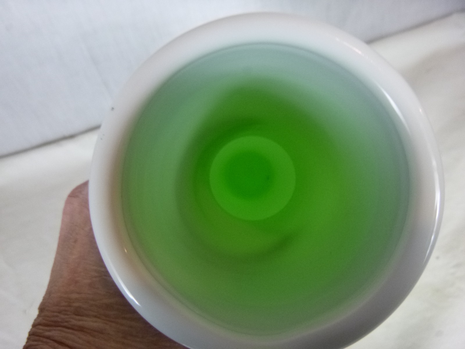 Vtg Holmegaard Style Cased Glass Hooped Lime Green & White UFO Vase 13.25″ H
