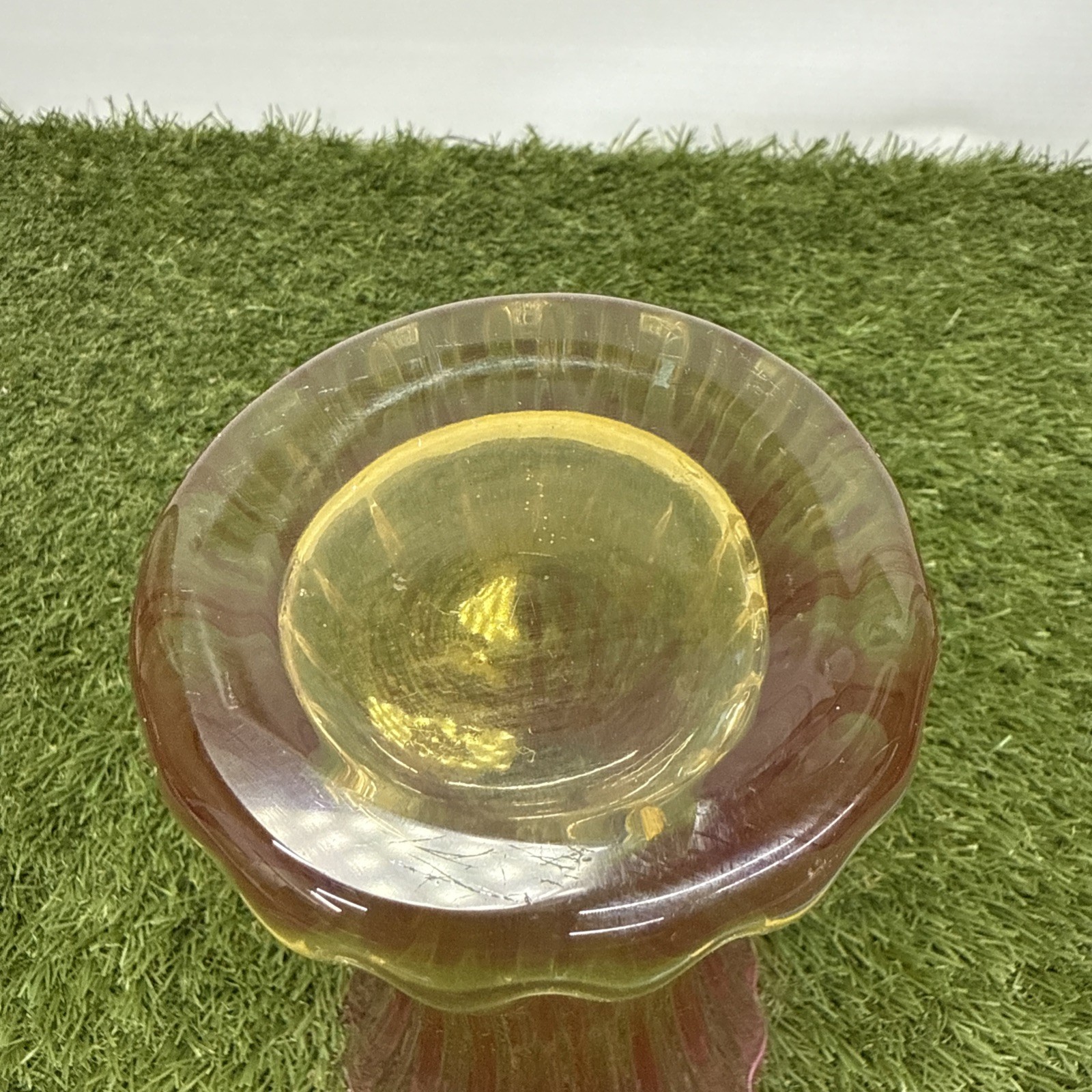 Elegant ombre two tone Yellow Pink 10 in. Tall blown glass vase curved