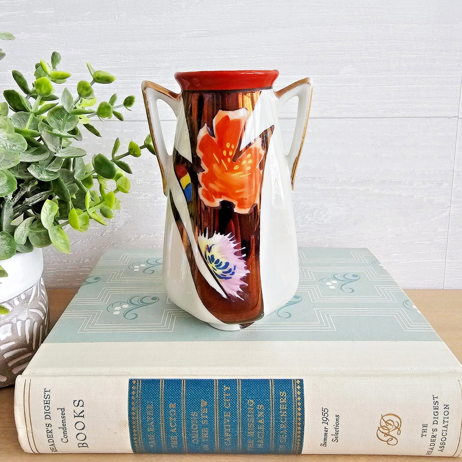 Vintage Hand-Painted Art Deco Vase Lusterware Glaze Floral Carnation Orange