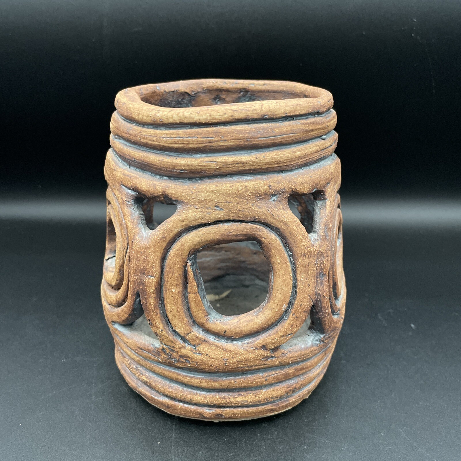 Vintage Brutalist Art Pottery Clay Coil Vessel Brown Primitive Vase