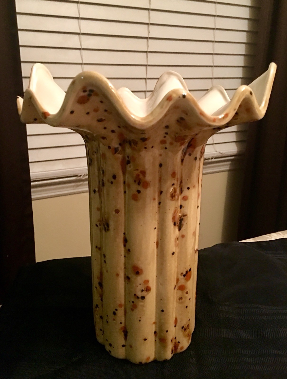 Rare Eclectic Ruffled Top Speckled Tan Studio Art Glass Vase