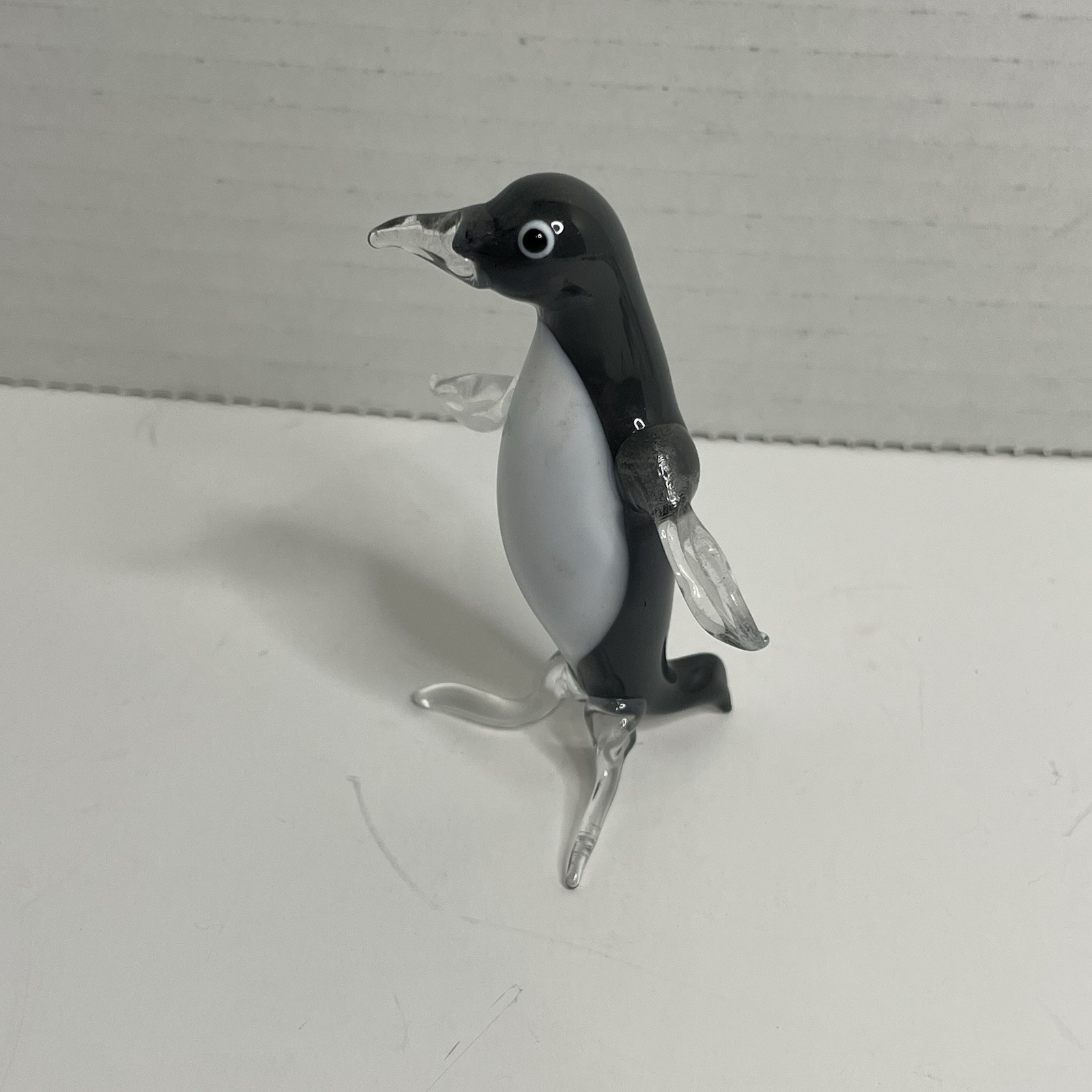 Hand Blown Art Glass Clear Black White Penguin Figurine 3.5” Tall Shadow Box