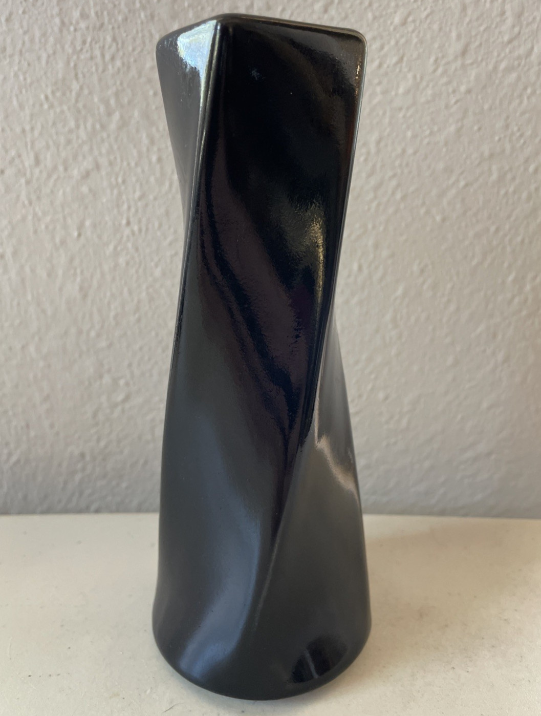 Vintage 1980s Black Modern Twist Design 4 Sided Ceramic Glazed Vase USA 6.5” T