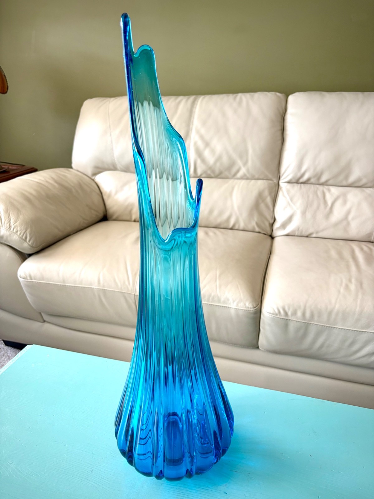 HUGE Vintage MCM LE Smith peacock blue swung vase fat bottom ribbed