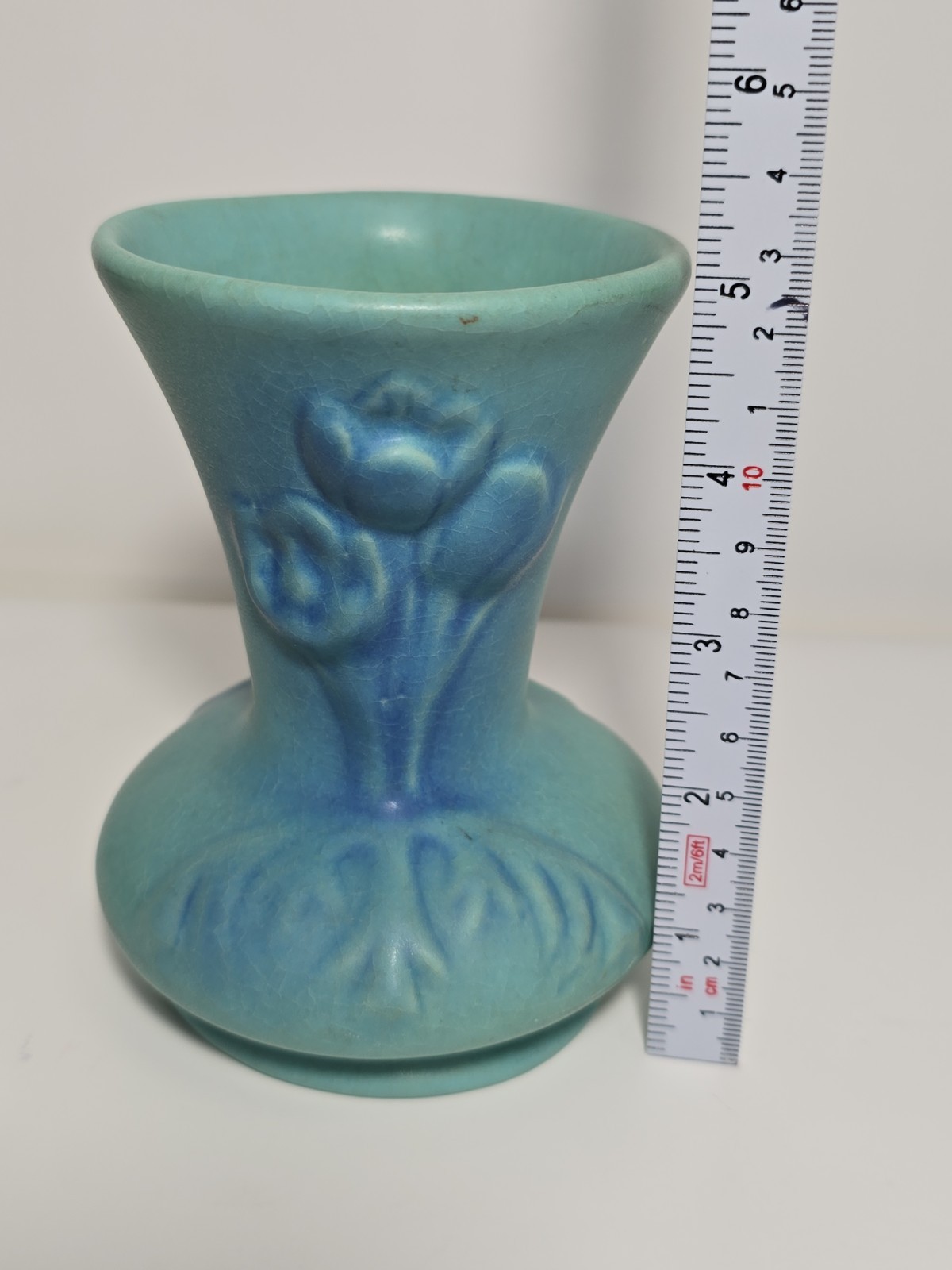 Van Briggle Vase Blue Green Glaze Signed Colorado Springs Tulips