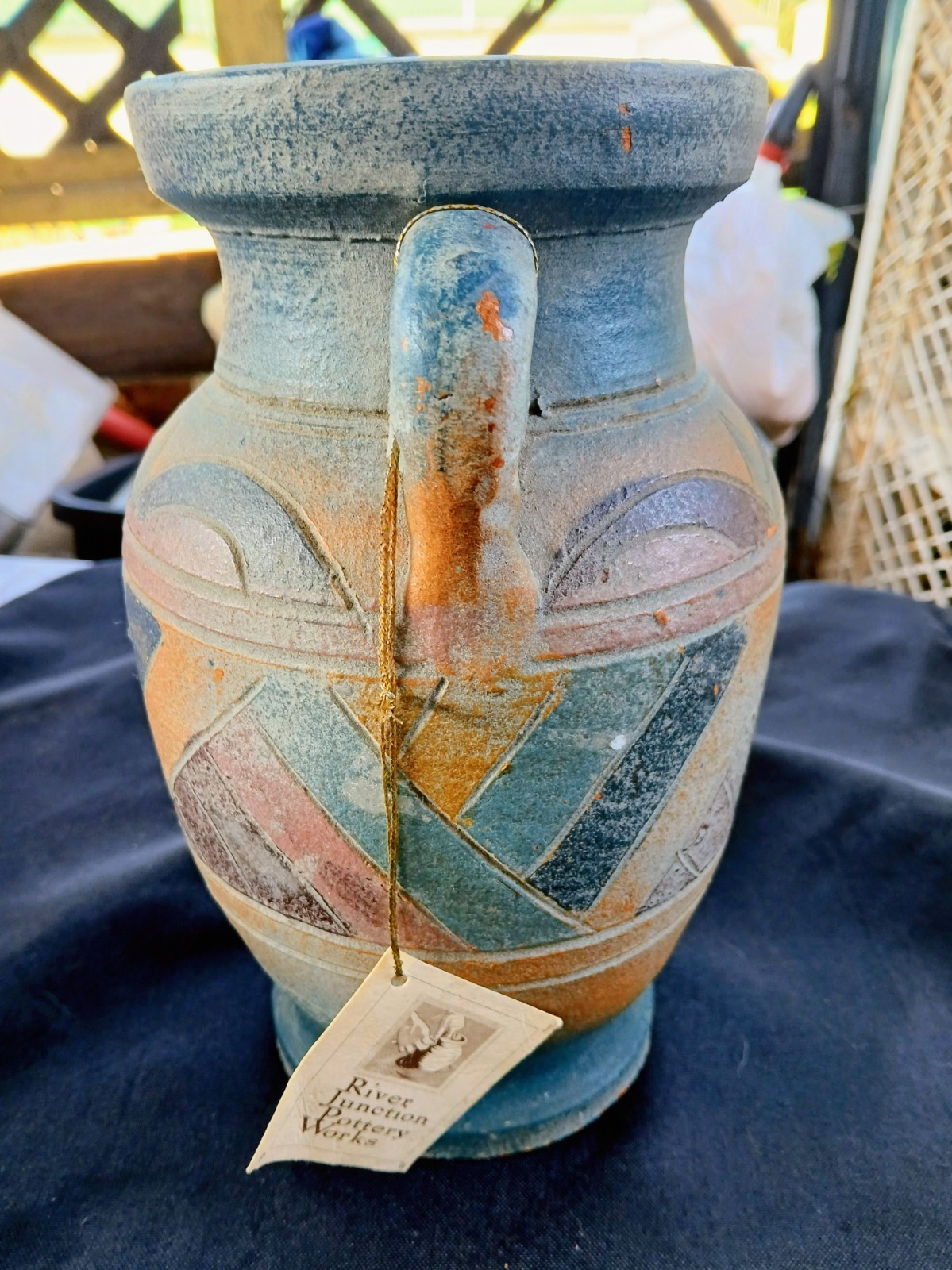 ​Vintage River Junction Pottery Works Double Handled Vase Southwestern Geometric