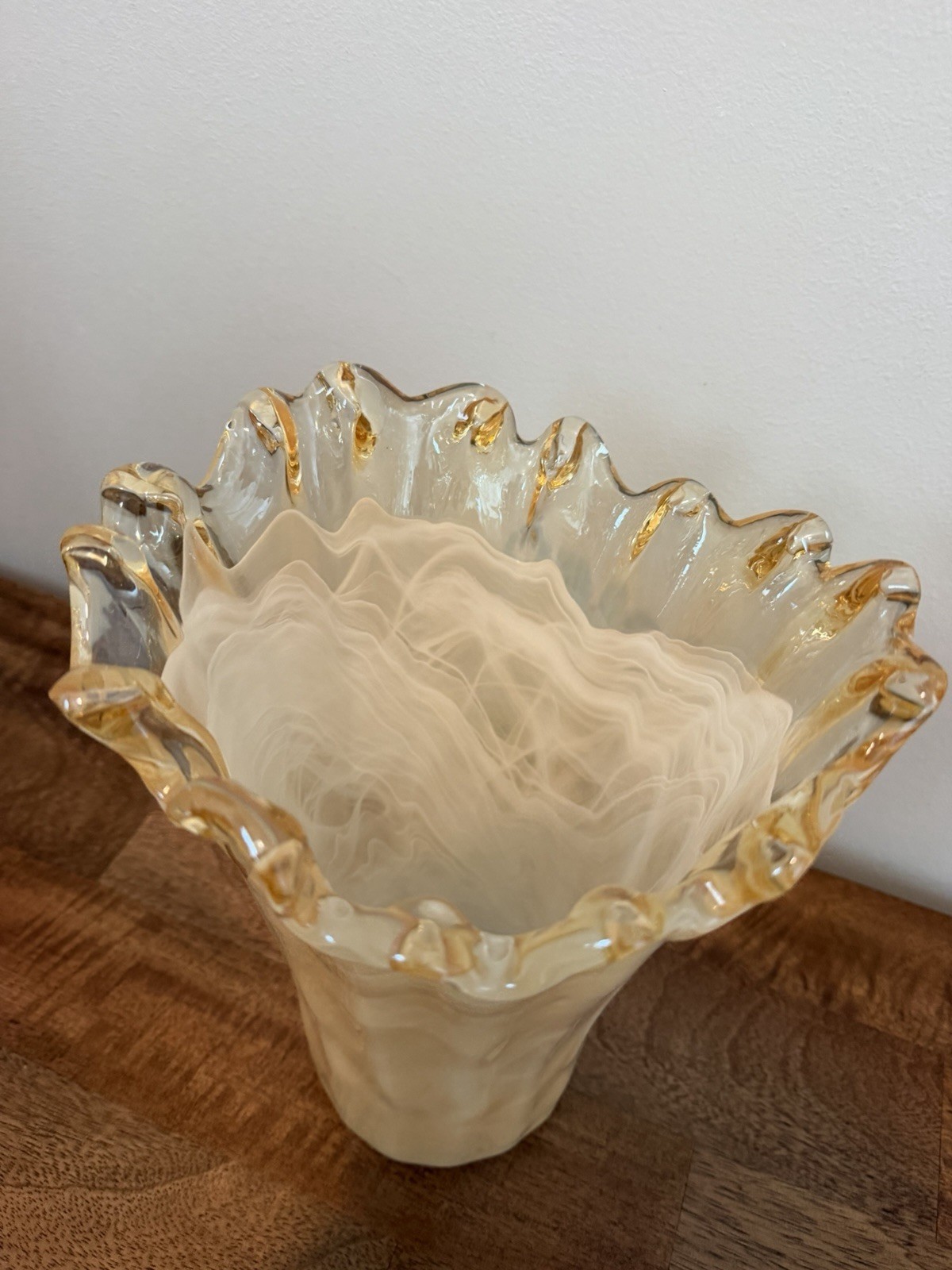 Unique Art Glass Vase Cream/White & Clear Swirl Ruffled Rim No Tag Murano?