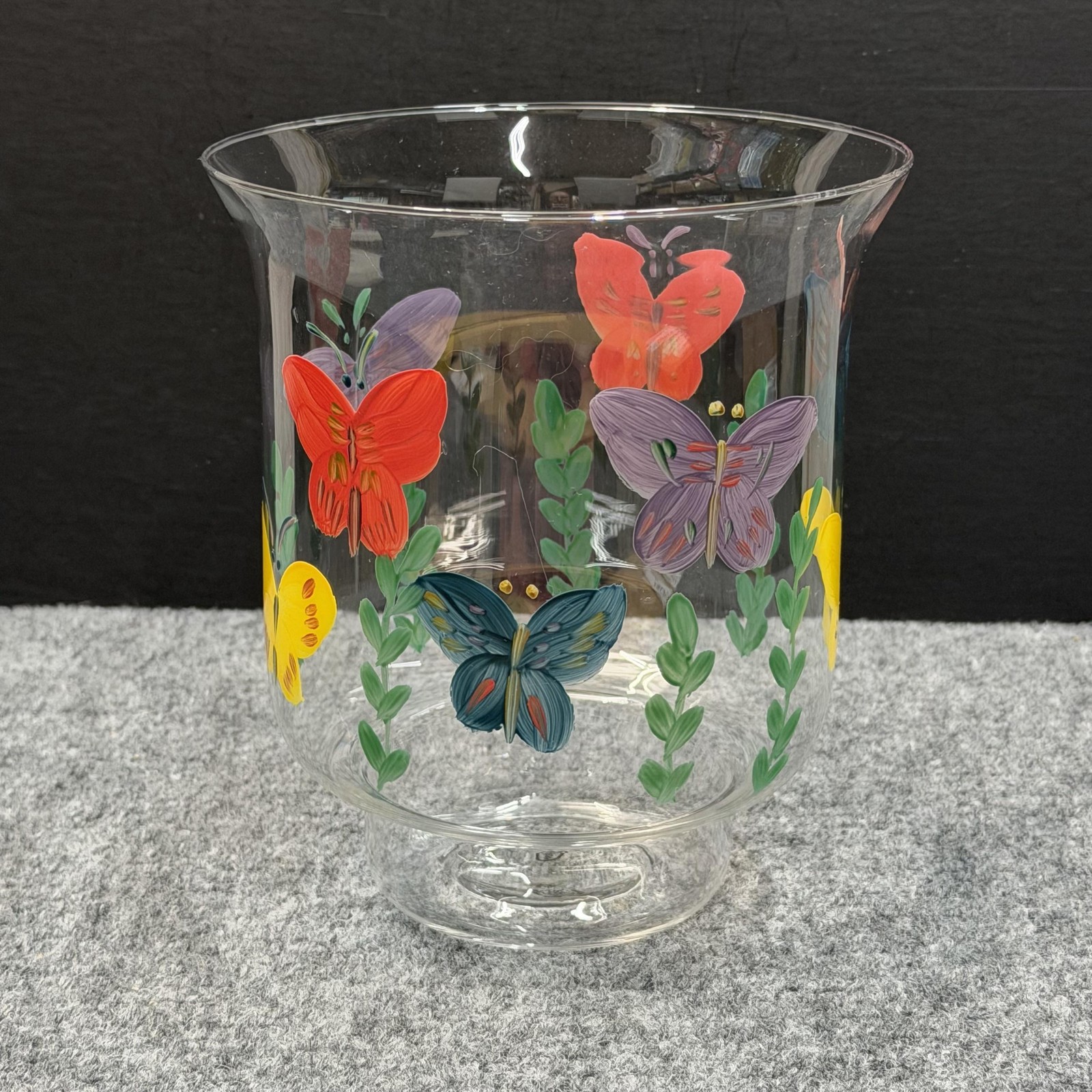 Hand Blown Glass Pillar Candle Holder 7″ Butterfly Handpainted Hurricane Style