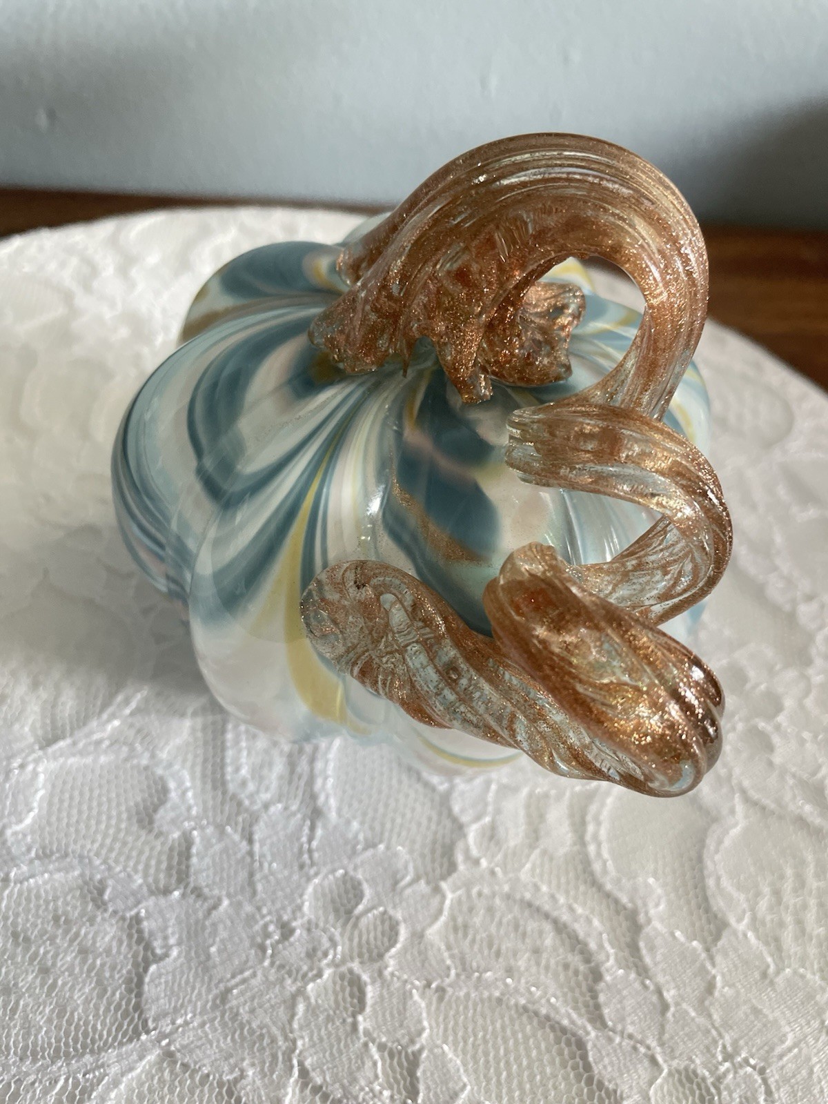Art Glass Swirl Pumpkin Blue Mauve Gold Swirl with Gold Stem 4 in