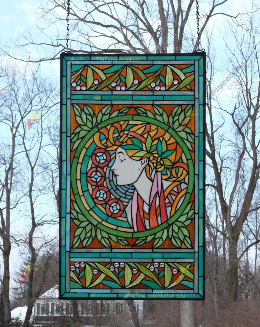 20″ x 34″ Alphonse Mucha Art. Stained Glass Window Panel Art Nouveau lady HF216