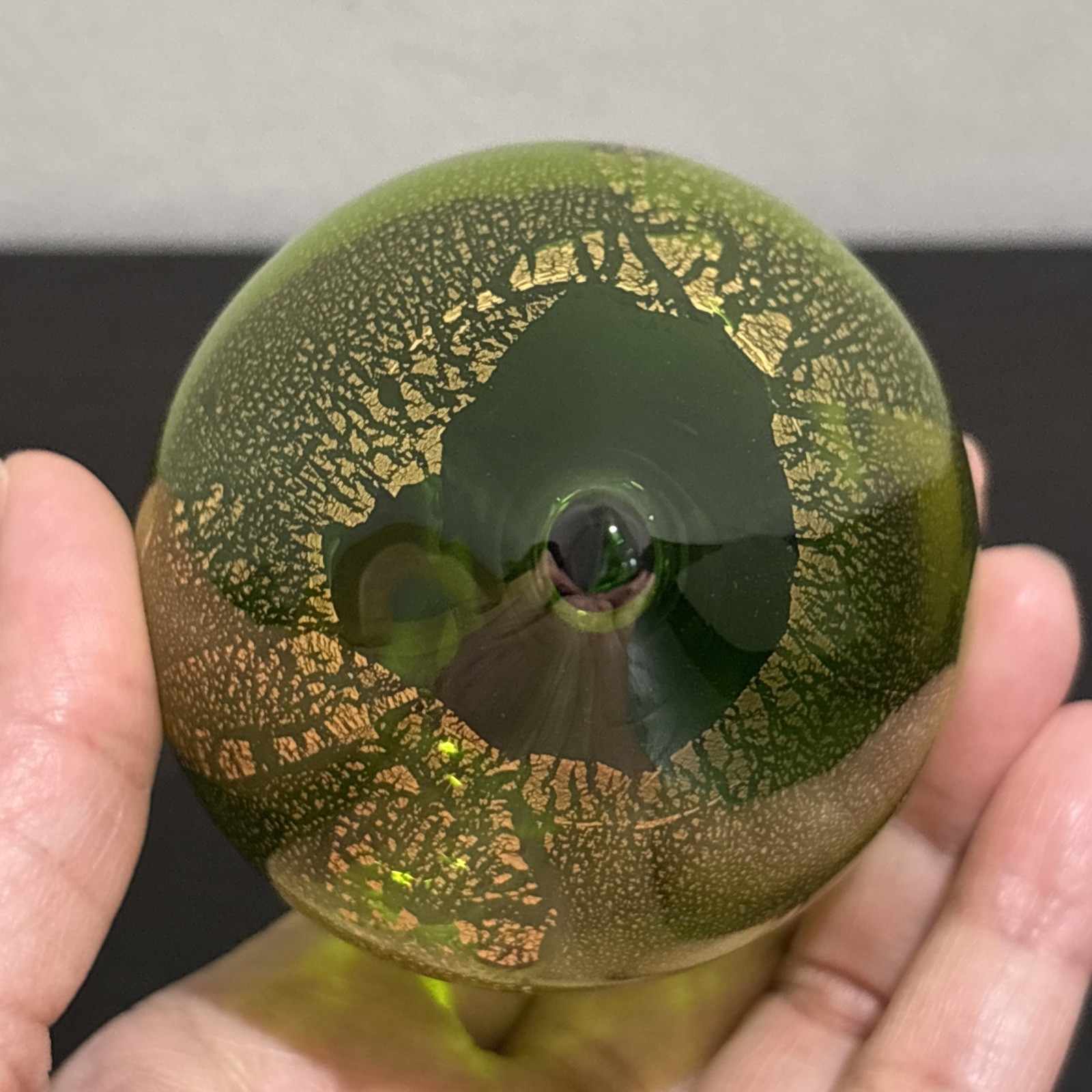 Glass Eye Studio Hand Blown Glass Teardrop Ornament Green Gold Foil Raindrop