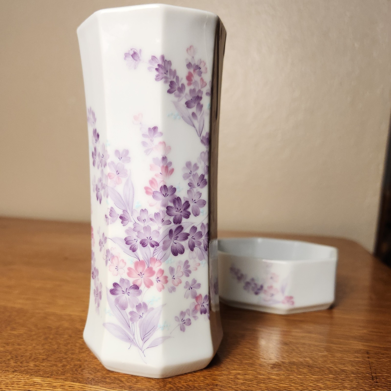 Vtg Set Irice White Porcelain Lavender & Pink Floral Trinket Dish & Vase Japan