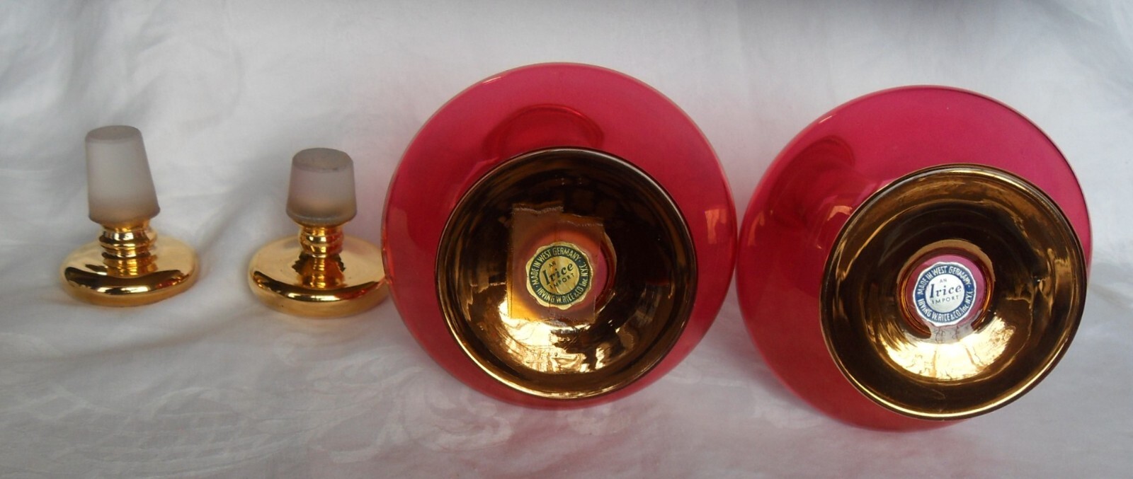 Vtg Cranberry Art Glass Decanter Carafe Bottles w/Gold Gilt Lid IRICE W. Germany