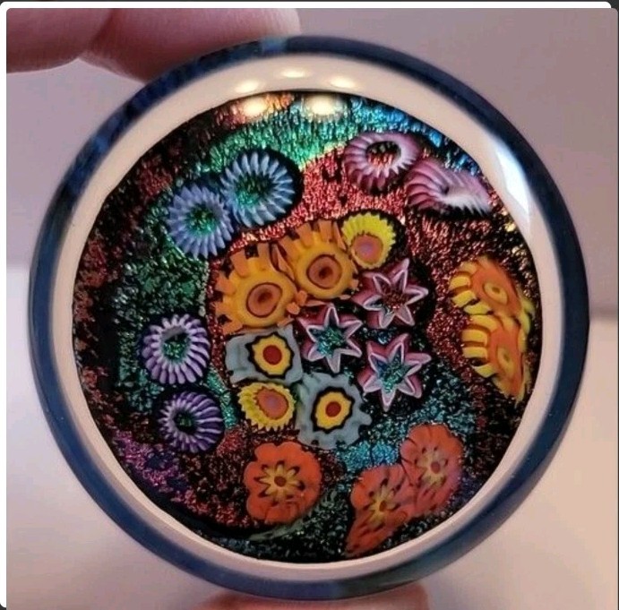 Doug Sweet Art Glass Paperweight Millefiore Multi Colored Floral Fantasy Glitter