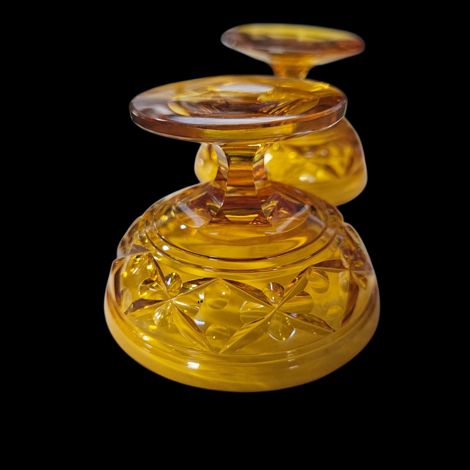 2 Val St Lambert Amber Cut Glass Footed 3″ Finger Bowls Cathedrale Napoleon