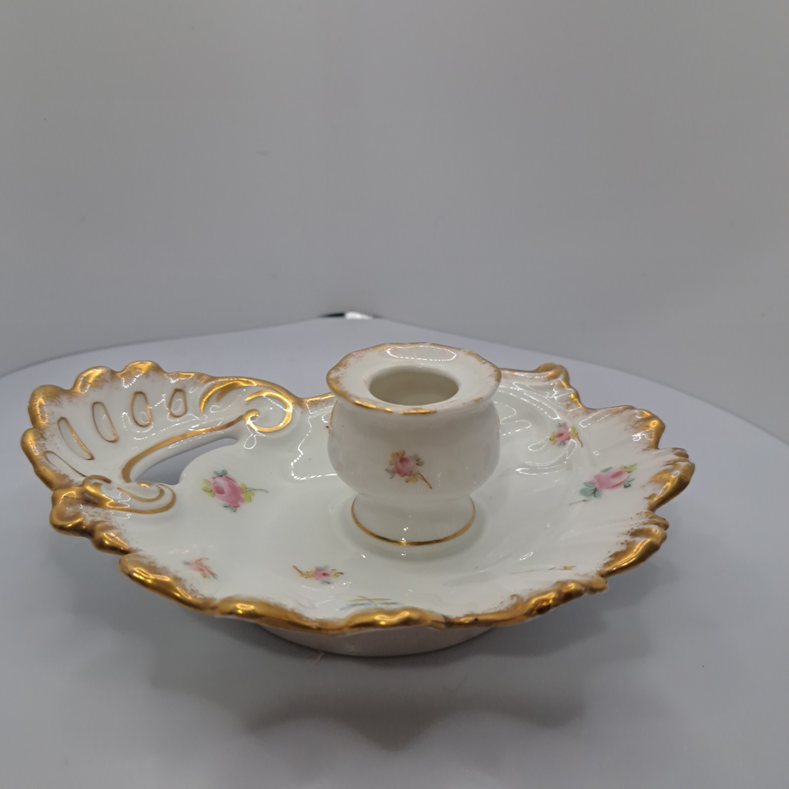 Antique ELITE LIMOGES France Hand Painted Gold Pink blue floral Candl Holder SEE