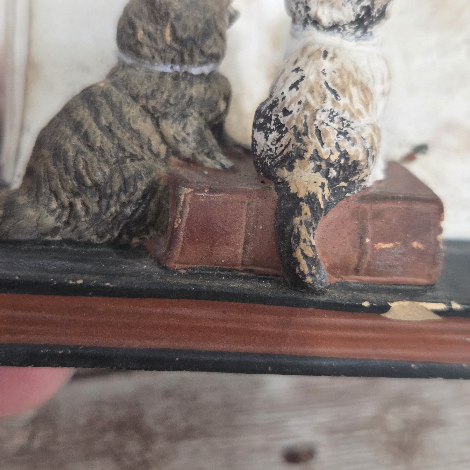 19c Antique Hand Painted Terracotta Reading Kittens Figurine Cats Cold Painted