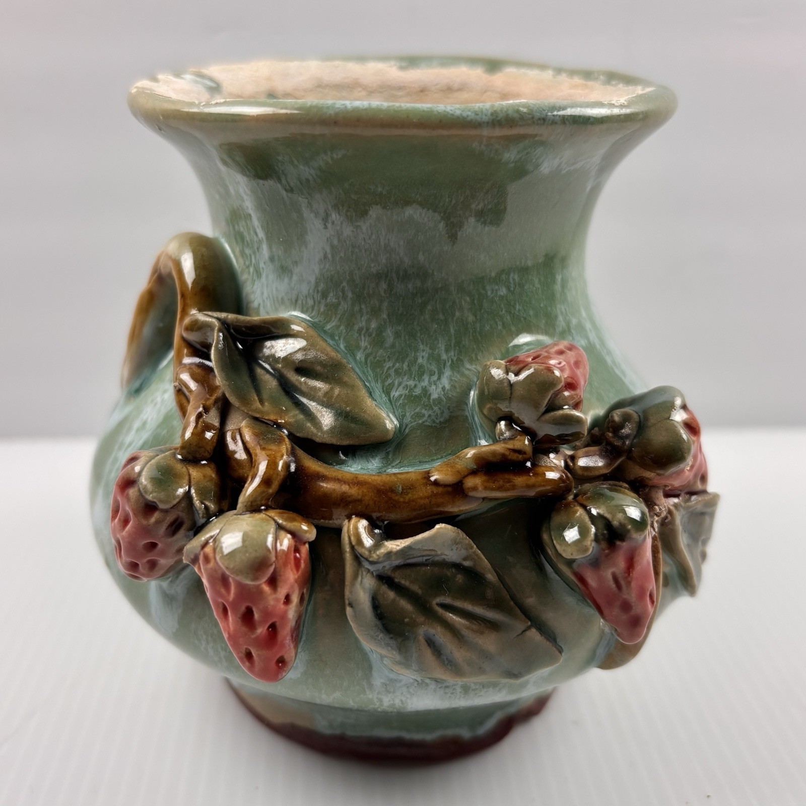 Majolica Style Pottery Vase Strawberries Branch 3D 4.5” Tall Art Studio *READ*
