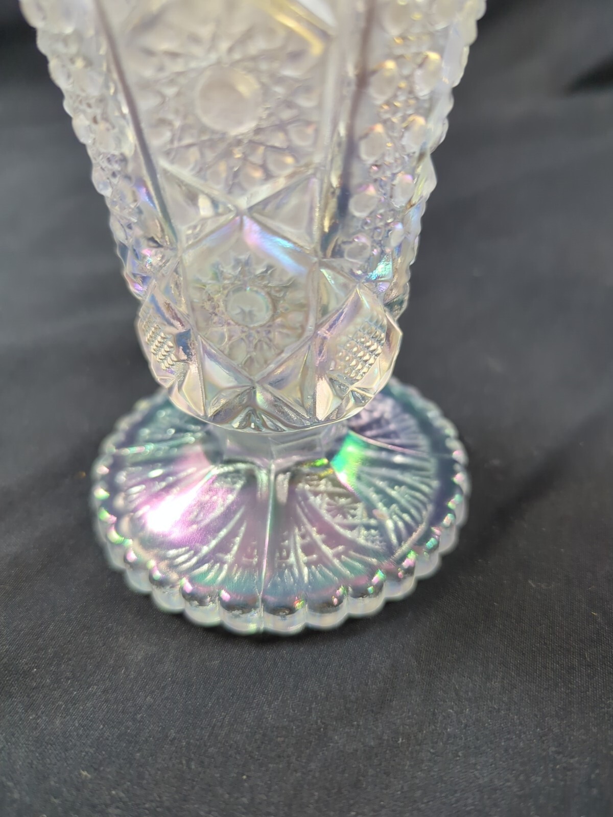 Imperial White Clear Frosted Octagon Iridescent Carnival Glass Vase 1970’s