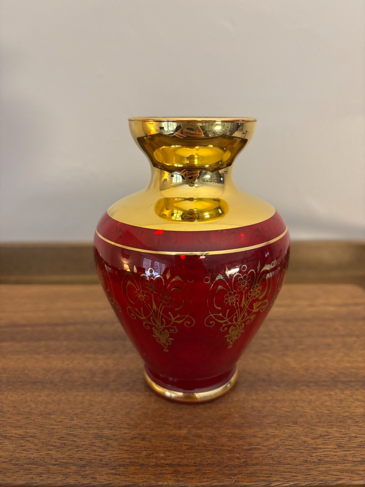Empoli Glass Amber Ruby Red Gold Accent Decorated in Murano Small Vases Set of 2
