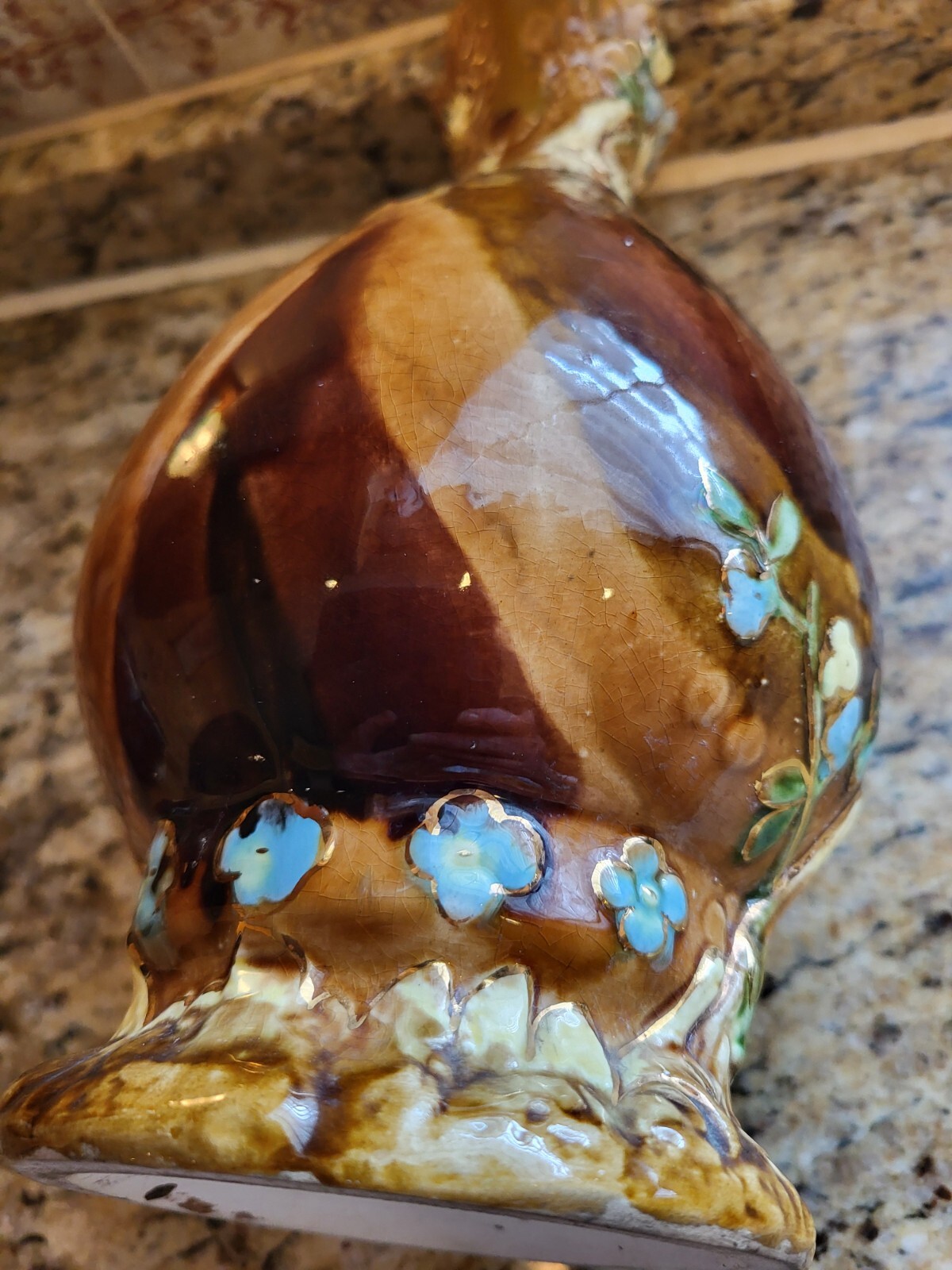 Majolica brown /beige porcelain pottery teal blue inside and flowers # on bottom