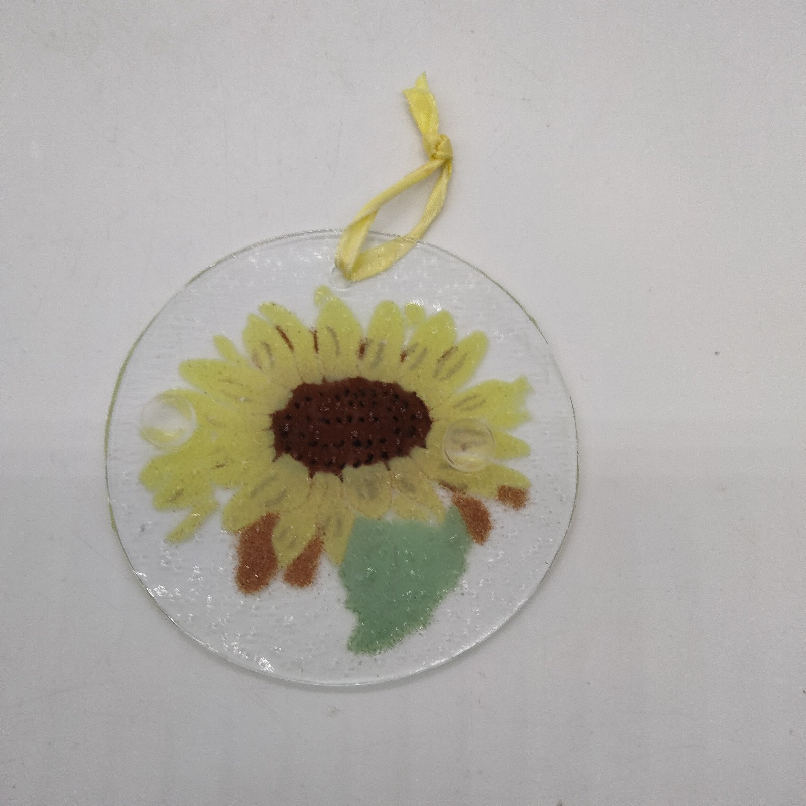 Fused Glass Suncatcher Yellow Sunflower Signed Folio 4″ Round