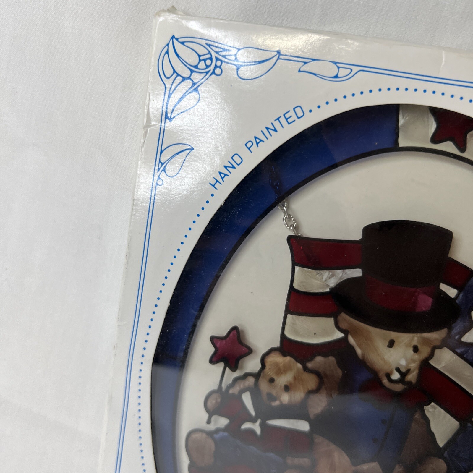 Joan Baker Sun Catcher 5×7” Oval Glass Patriotic Bears On Bench American Flag