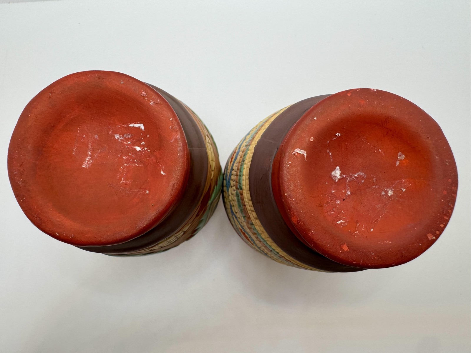 Southwestern Multicolor Geometric Terracotta Ceramic Vase Pair Hand Painted