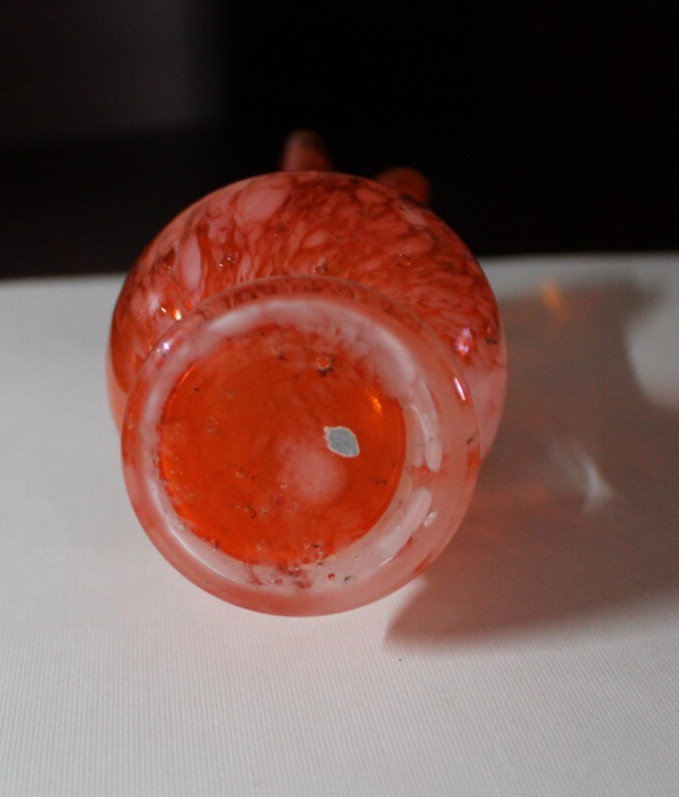 Vintage Red Orange White Swirl Bud Vase with Scalloped Top 6.5″
