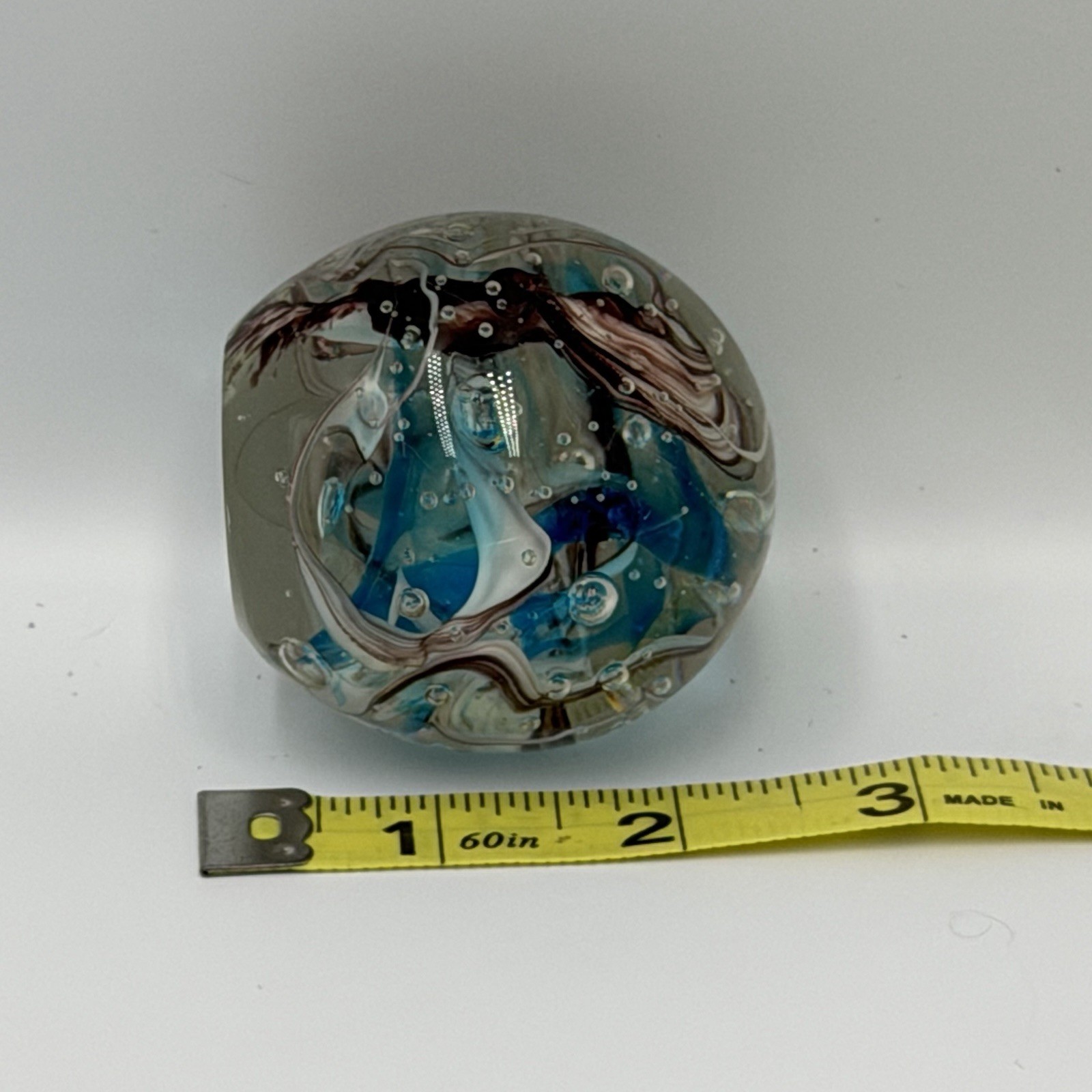 Vintage Signed Art Glass Paperweight Purple Blue Swirl Control Bubbles 2.5” UV
