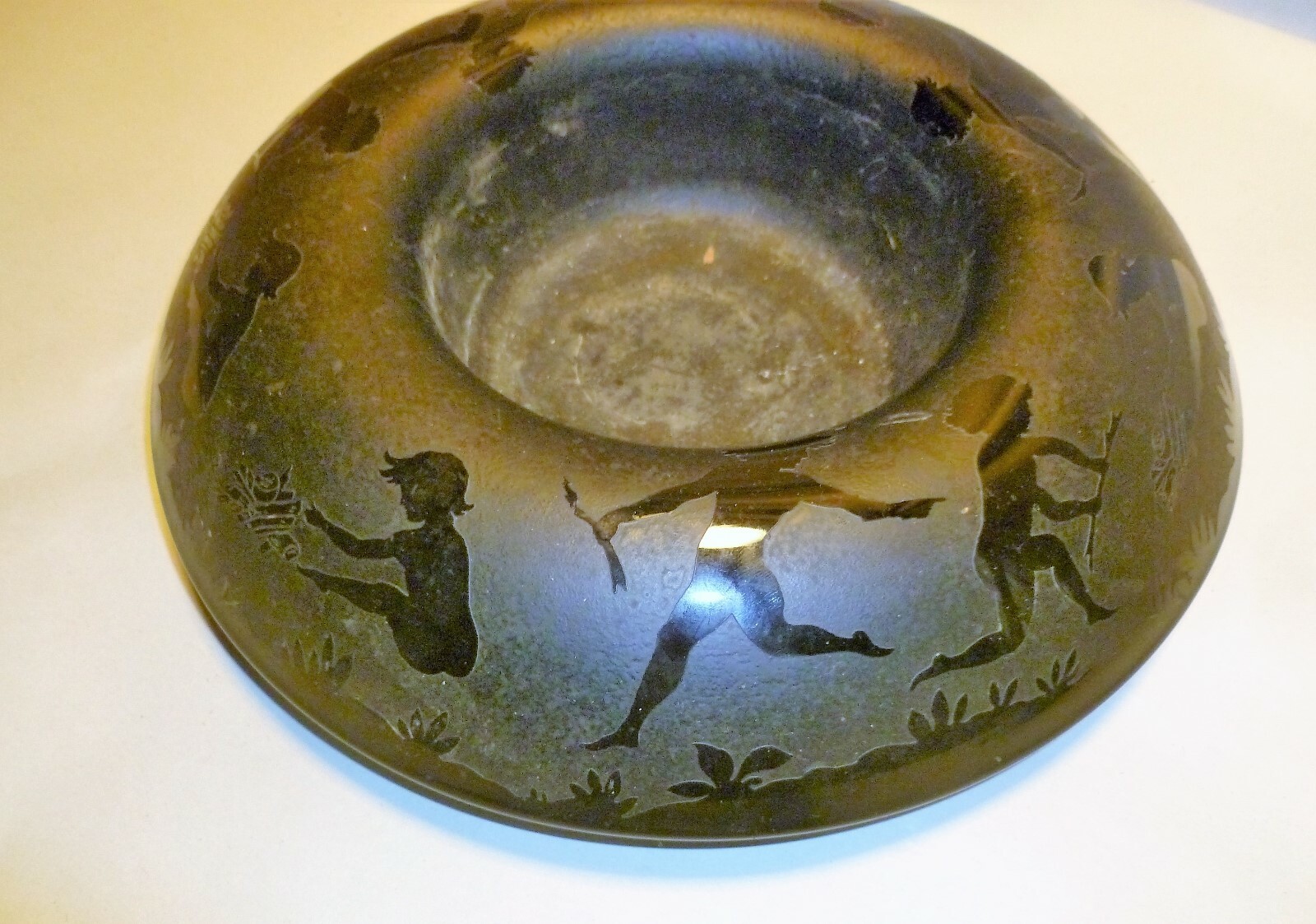 Vintage Ebony Black Glass Fostoria Console Bowl – Cupid – Brocade Etched