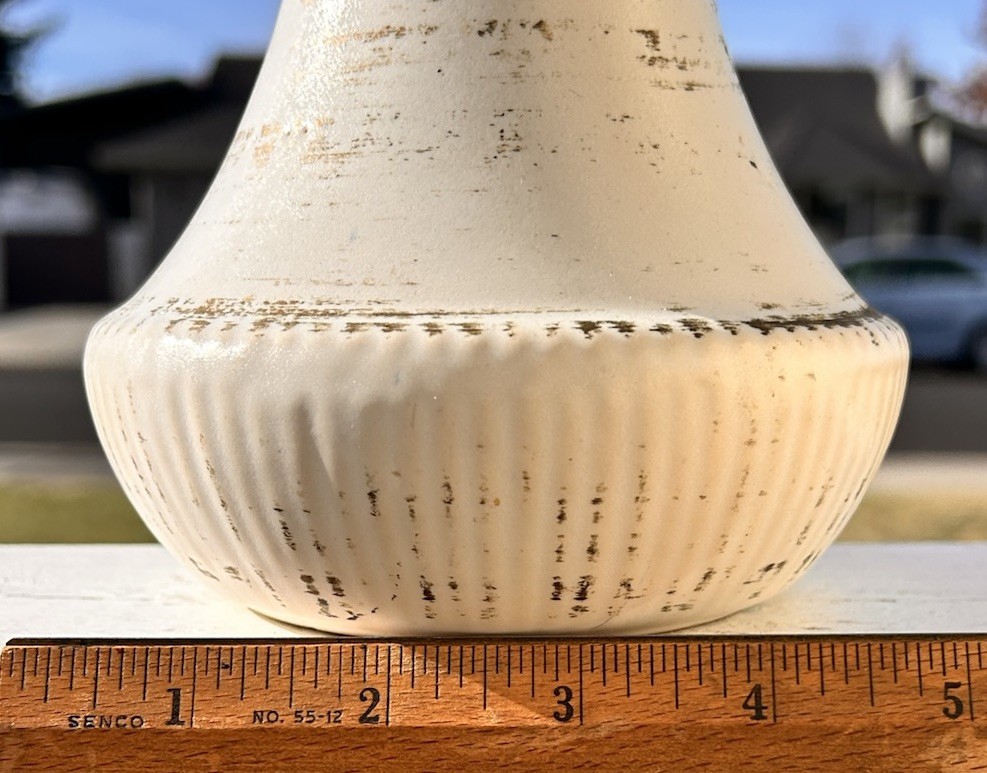 McCoy Pottery Genie Bottle Bud Vase Matte White Brushed Gold USA Approx 8”H