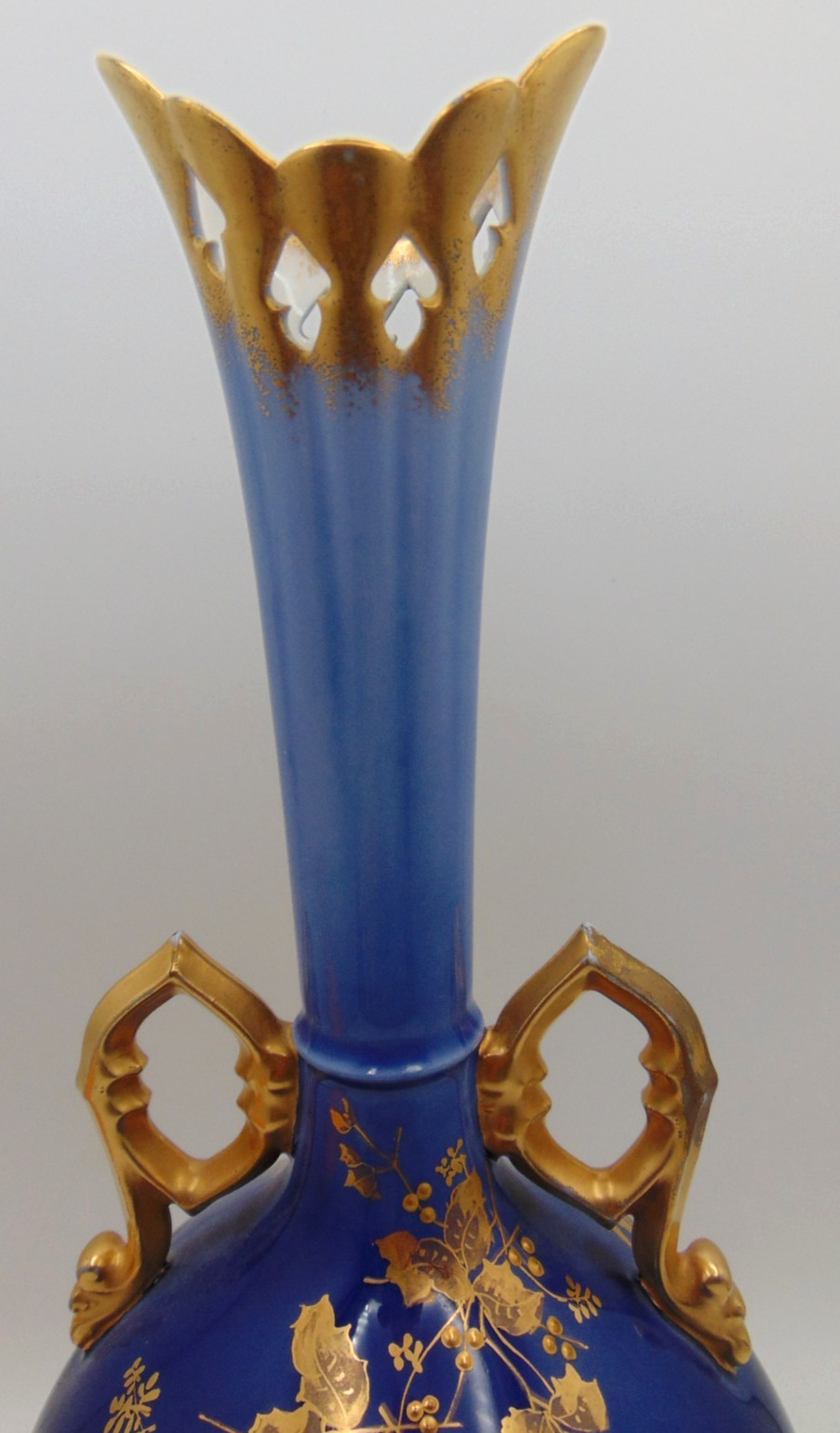 Antique French Limoges Blue Hand Painted Enamel & Gold Japonisme Porcelain Vase