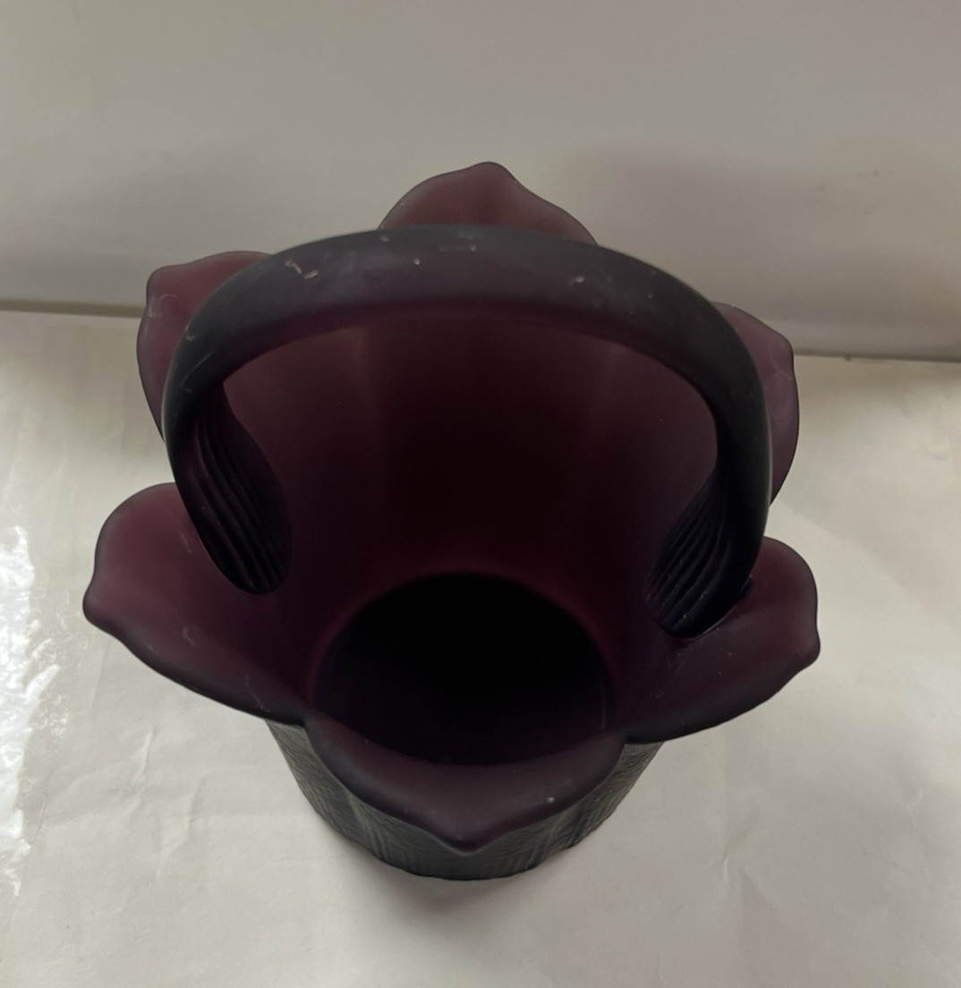 Vintage Purple Flower Petals Leaves Matte Finished Satin Art Glass Basket Vase