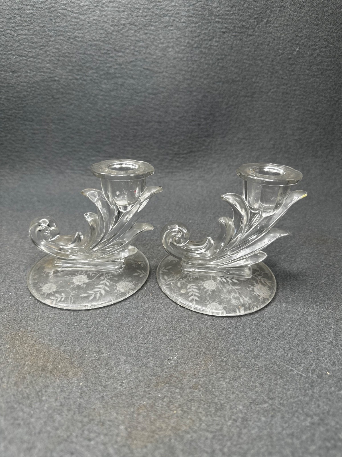 Fostoria 4″ Baroque Clear candlestick pair