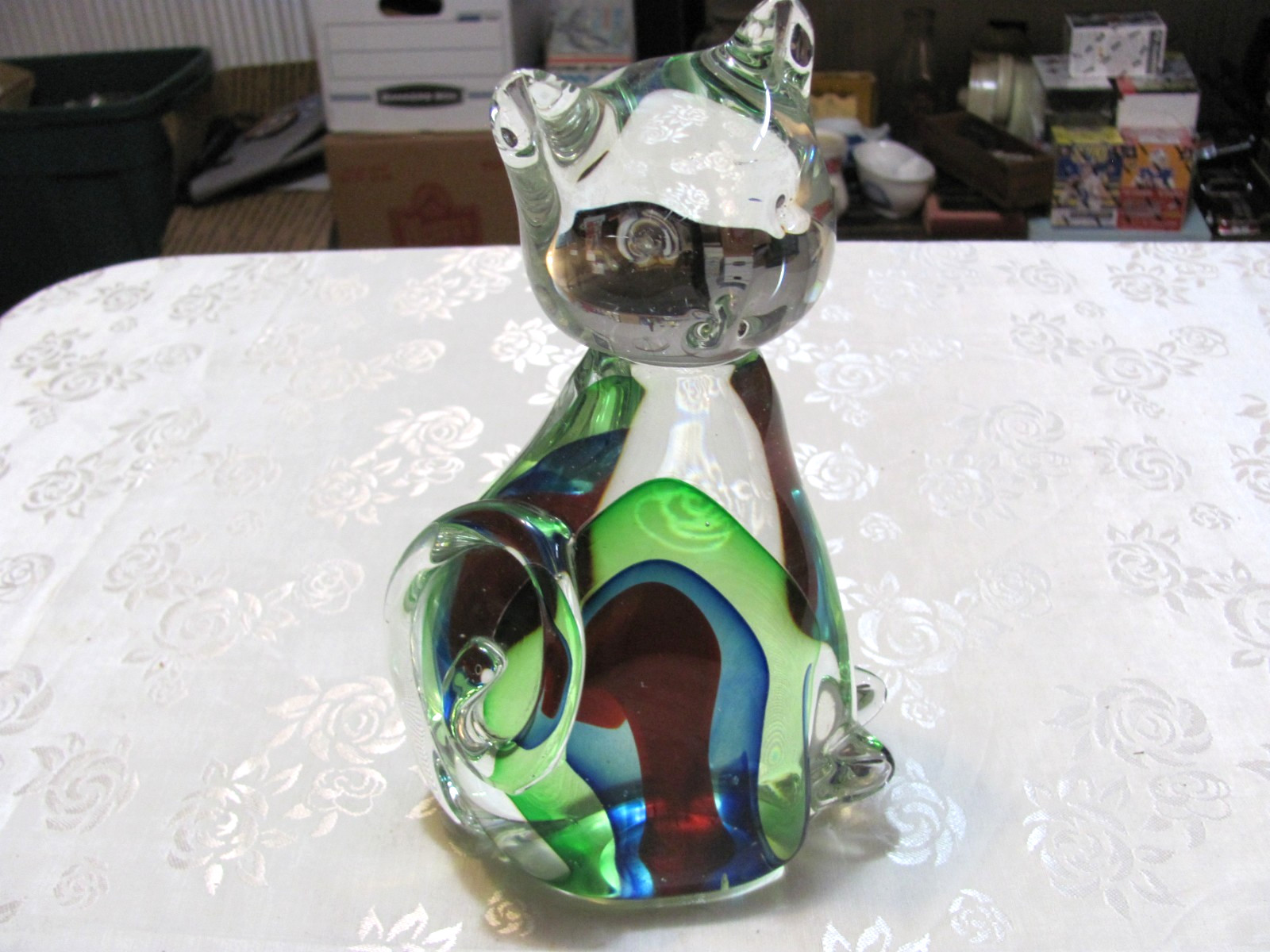 Large Murano Style Green. Red & Blue Sommerso Blown Glass Cat. Paperweight. Nice