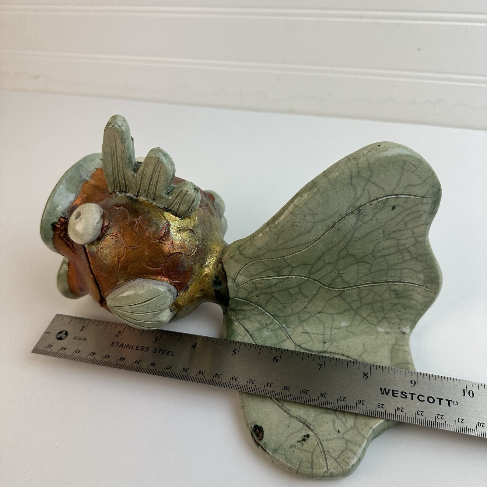 Artisan Raku Pottery Happy Surprised Fish Whimsical Coastal Beach Signed Ceramic